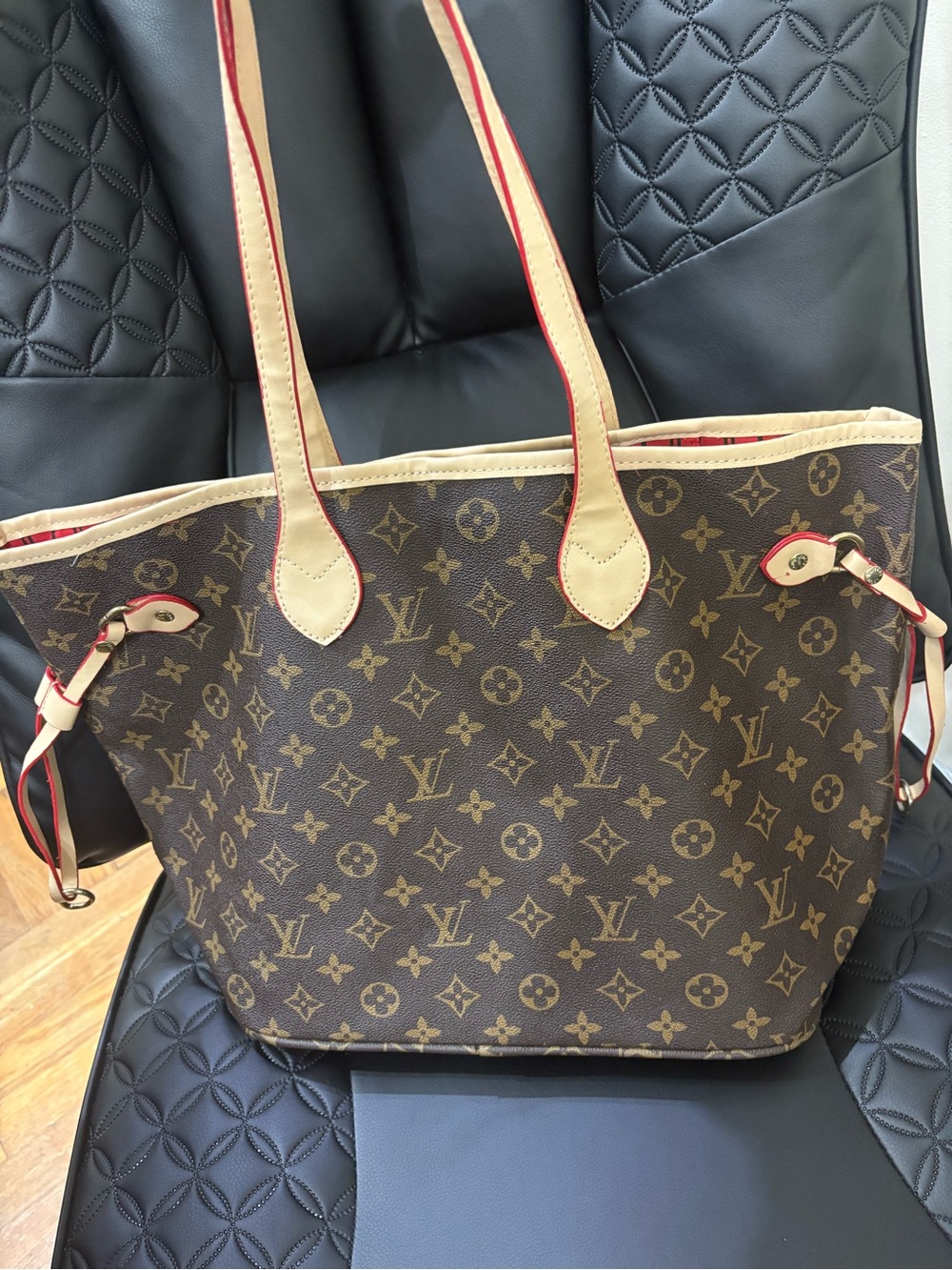 & Other Stories Brown Monogram Tote with Beige Trim and Red Edge